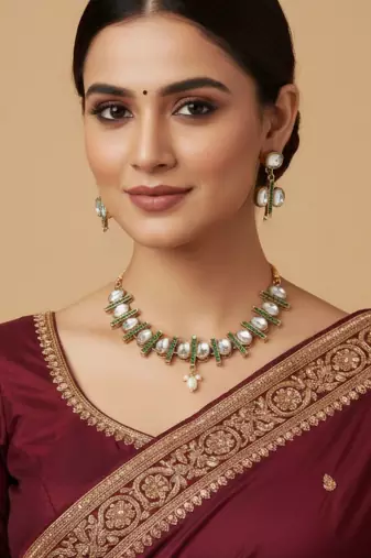 kundan necklace set with green accents and pearl detailing