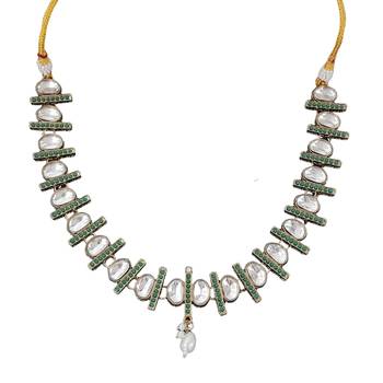 kundan necklace set with green accents and pearl detailing 4