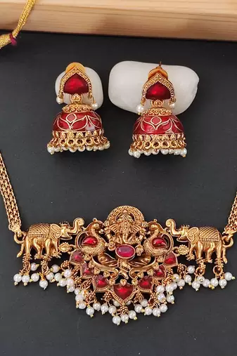 south indian temple jewelry necklace set with ganesha motif, elephant design,  jhumka earrings