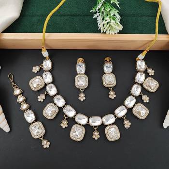kundan polki necklace set with crystal white stones 1