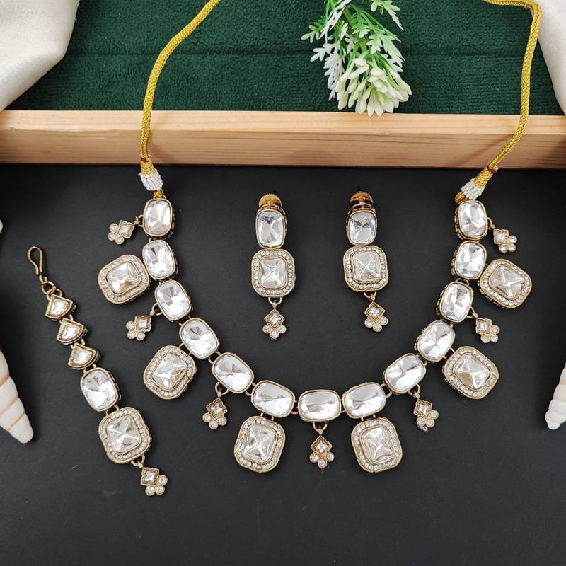kundan polki necklace set with crystal white stones