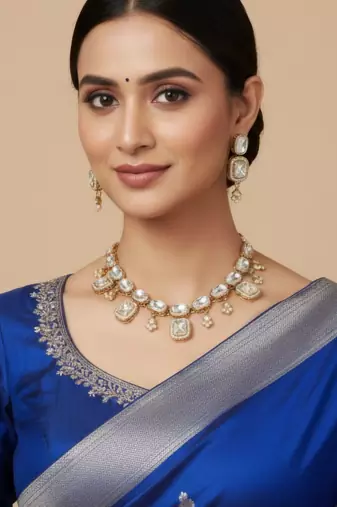 kundan polki necklace set with crystal white stones