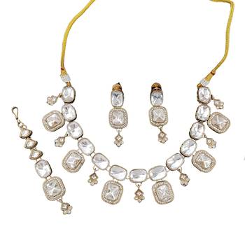 kundan polki necklace set with crystal white stones 3