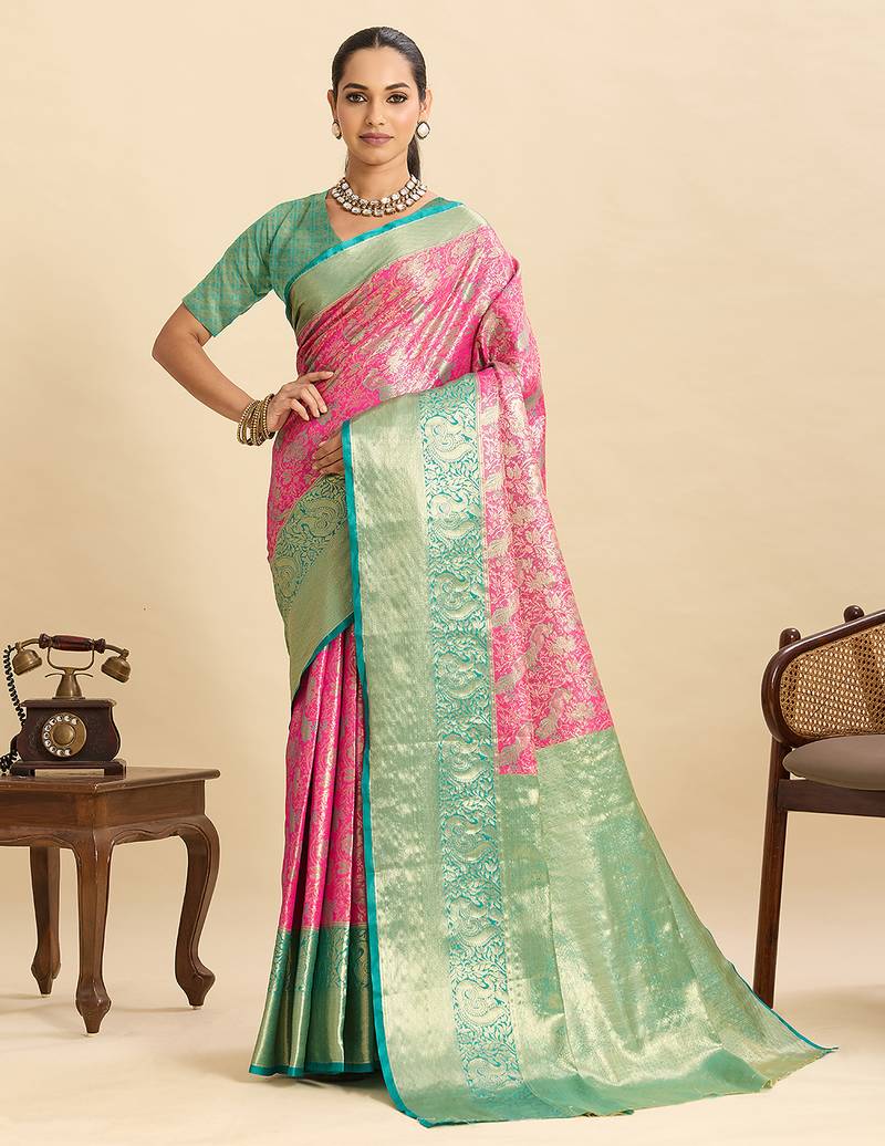 designer saree for women with classic soft silk blend pink saree comes along with unstiched blouse piece