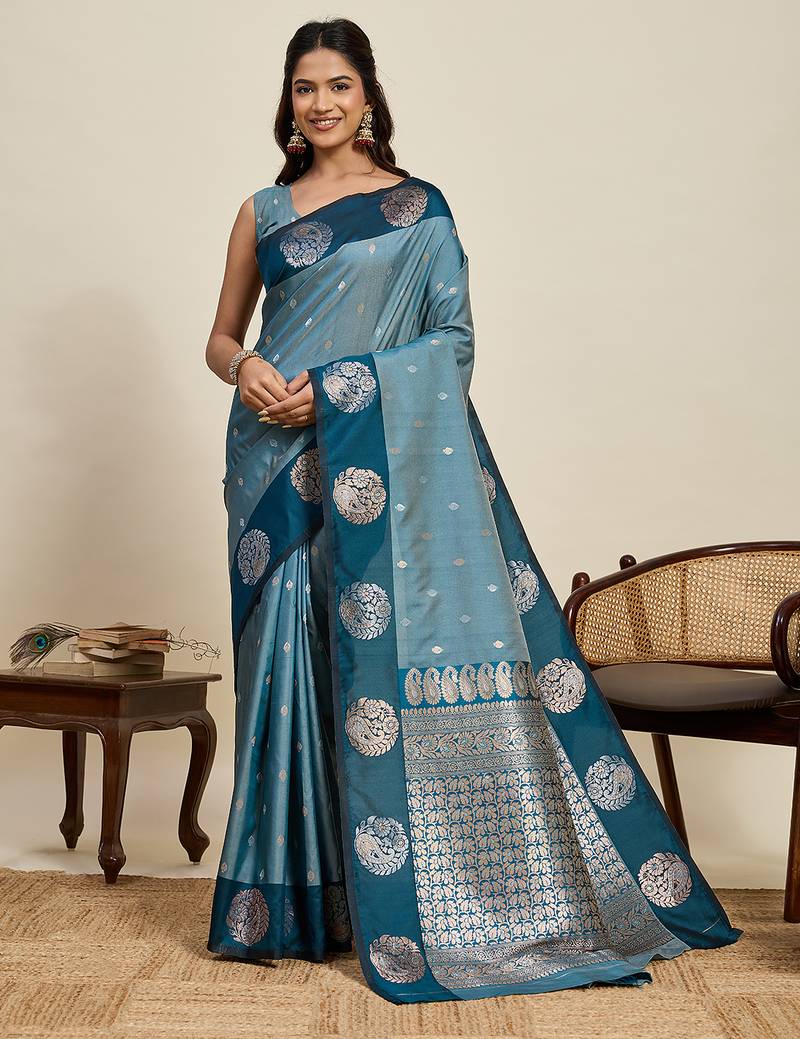 stylish women's teal blue soft silk blend  indian wear  saree with unstiched blouse piece