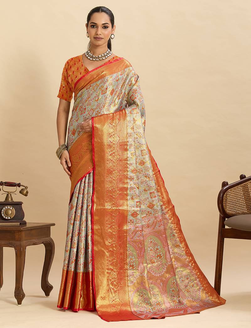 stylish women   s  orange soft silk blend saree with unstiched blouse piece