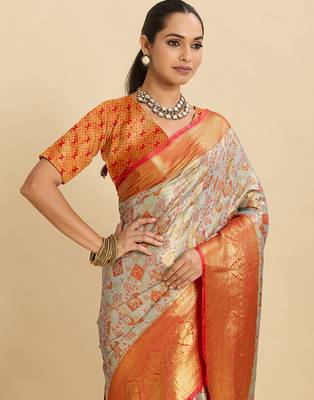 stylish women  s orange soft silk blend saree with blouse piece 4