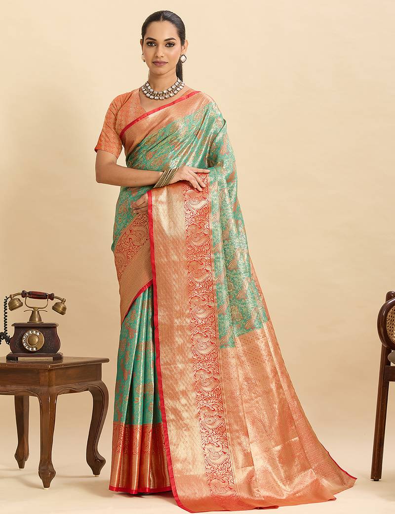 designer saree for women with classic soft silk blend sea green saree comes along with unstiched blouse piece
