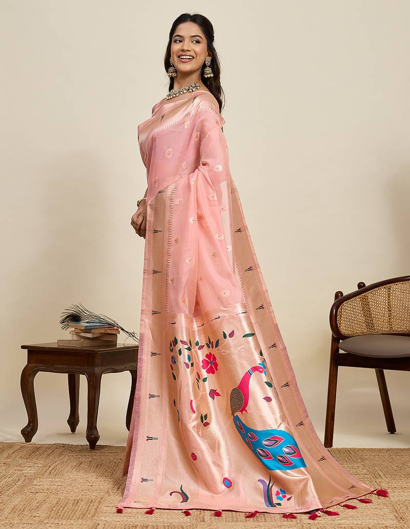 traditional  light pink soft silk blend paithani saree with unstiched blouse piece