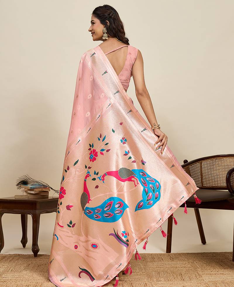 traditional  light pink soft silk blend paithani saree with unstiched blouse piece
