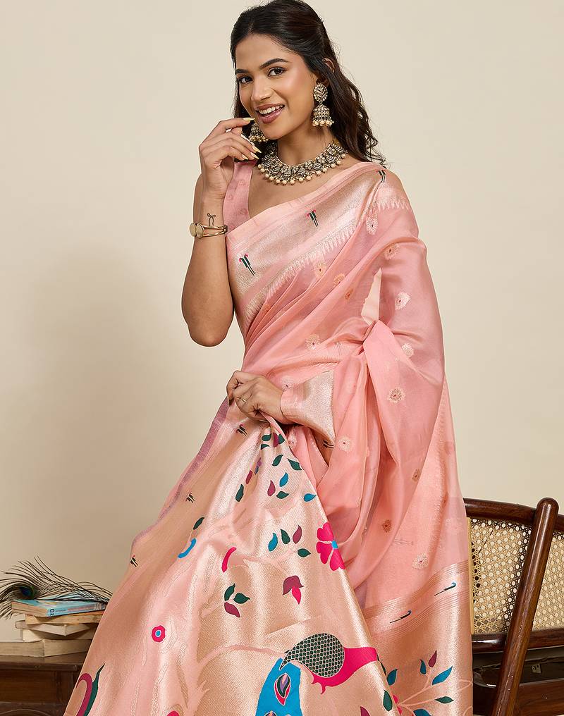 traditional  light pink soft silk blend paithani saree with unstiched blouse piece