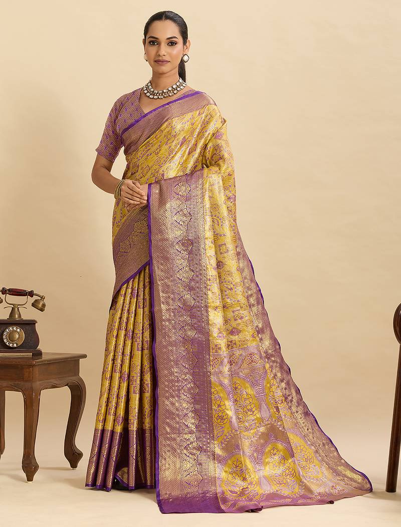 stylish women   s  yellow soft silk blend saree with unstiched blouse piece