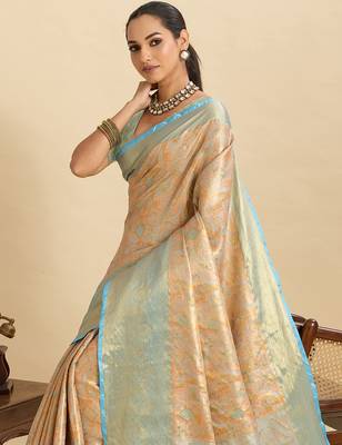stylish women  s light gold soft silk blend saree with blouse piece 4