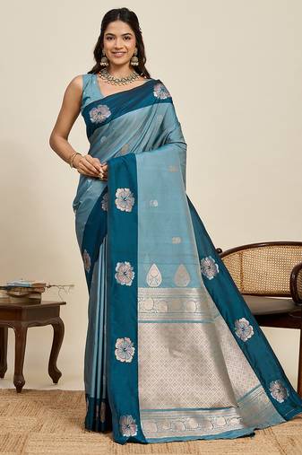 classic indian teal blue soft silk blend saree for women with unstiched blouse piece