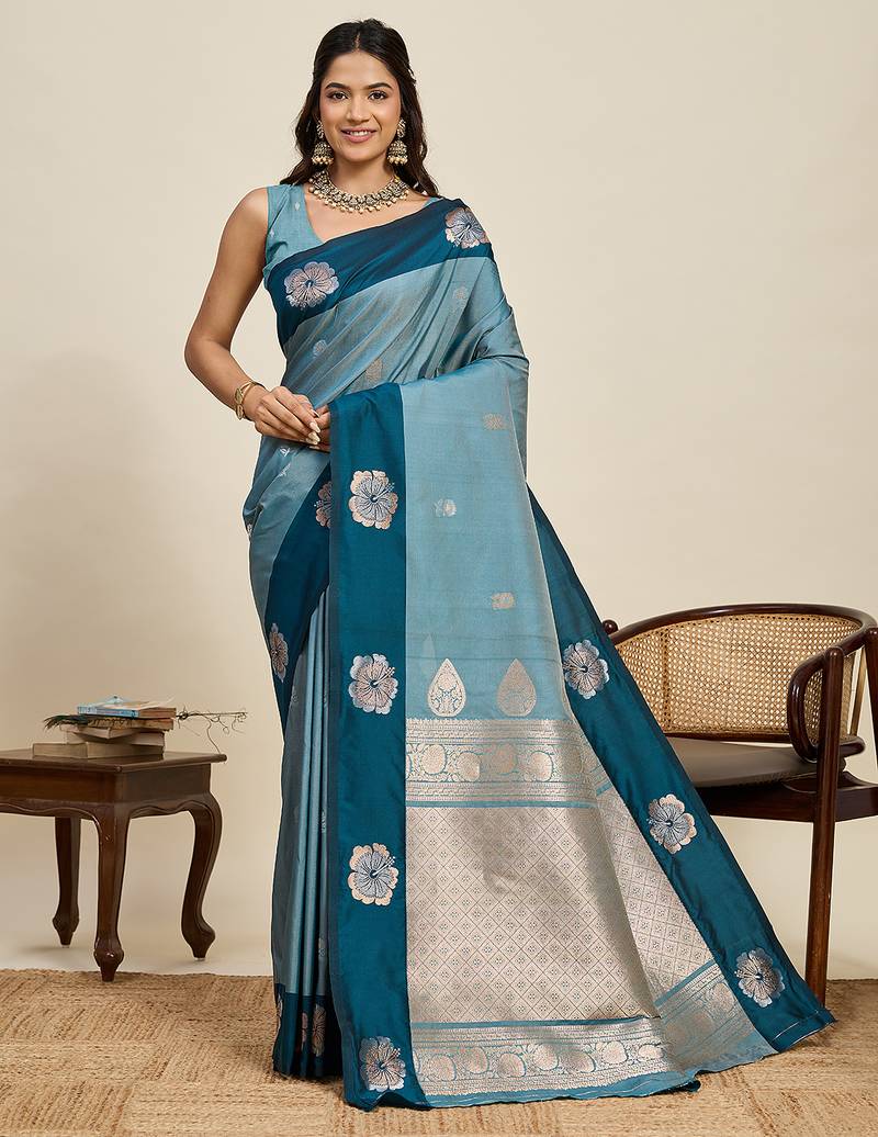 classic indian teal blue soft silk blend saree for women with unstiched blouse piece
