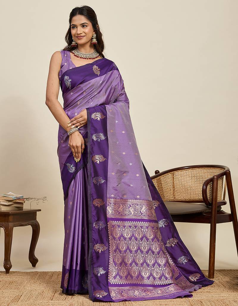 designer purple color soft silk blend saree with unstiched blouse piece