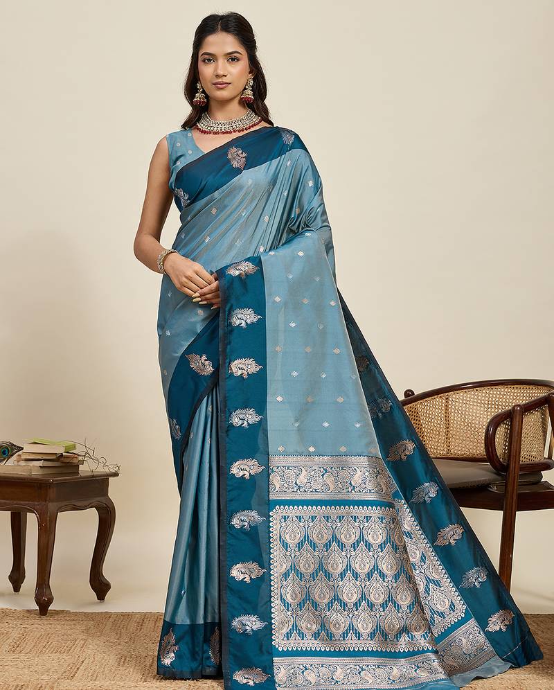 designer teal blue color soft silk blend saree with unstiched blouse piece