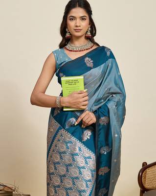 designer teal blue color soft silk blend saree with blouse piece 4