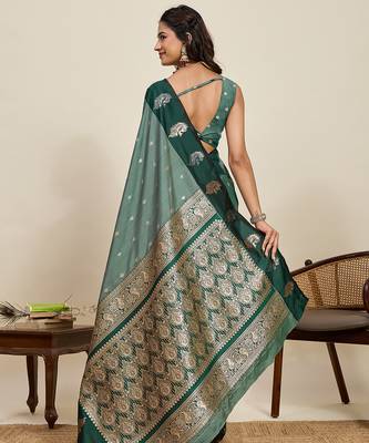 designer light green color soft silk blend saree with blouse piece 3