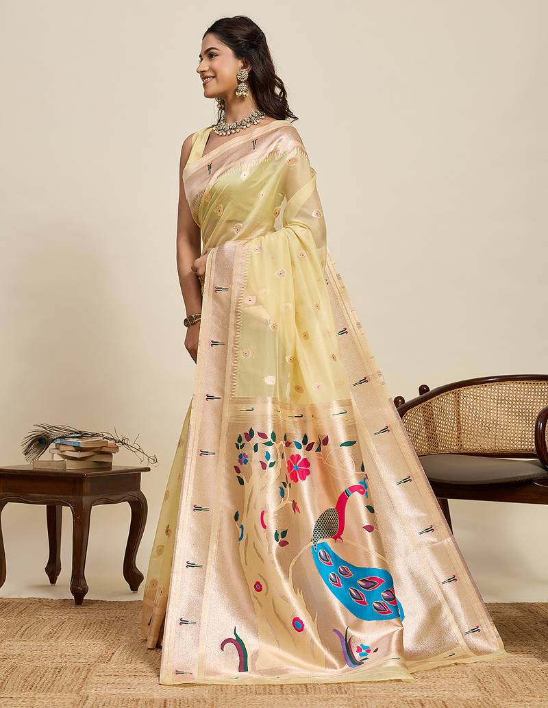 traditional  lemon soft silk blend paithani saree with unstiched blouse piece