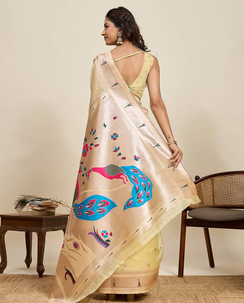 traditional  lemon soft silk blend paithani saree with unstiched blouse piece