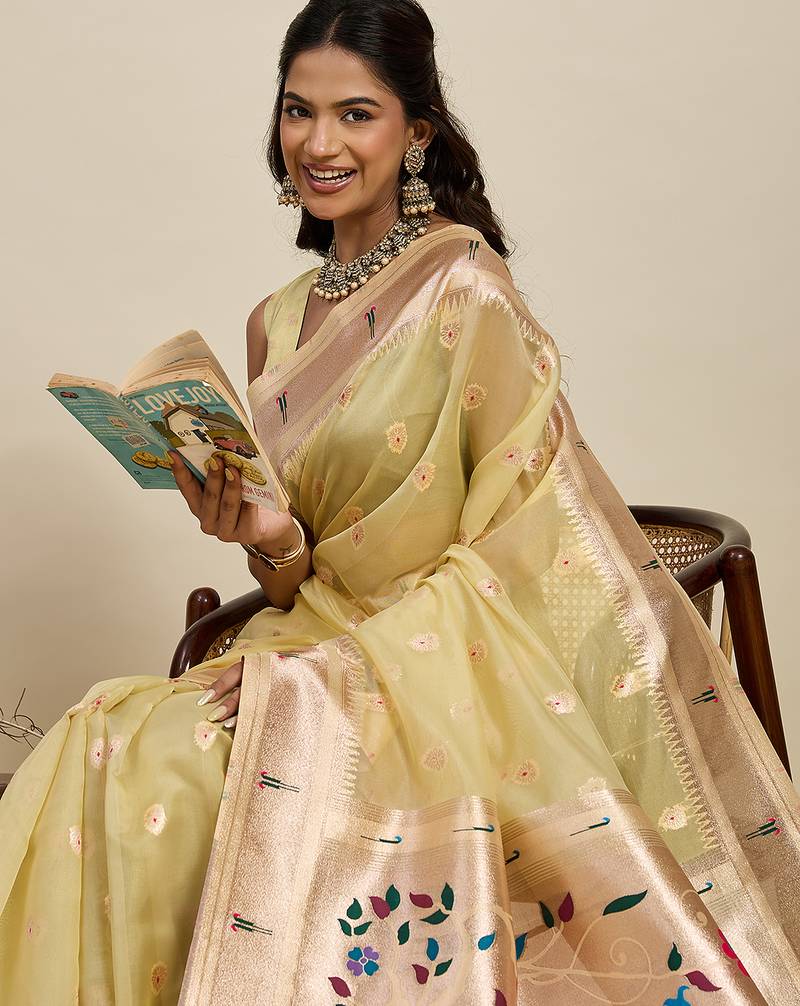 traditional  lemon soft silk blend paithani saree with unstiched blouse piece