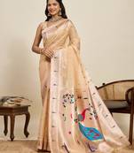 traditional  peach soft silk blend paithani saree with unstiched blouse piece