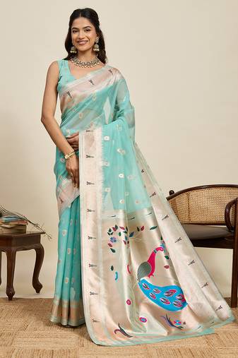 traditional  mint blue soft silk blend paithani saree with unstiched blouse piece