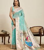 traditional  mint blue soft silk blend paithani saree with unstiched blouse piece