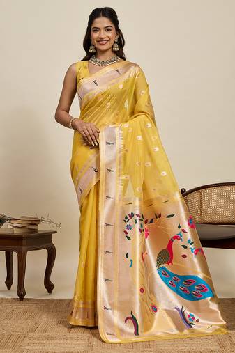 traditional  yellow soft silk blend paithani saree with unstiched blouse piece