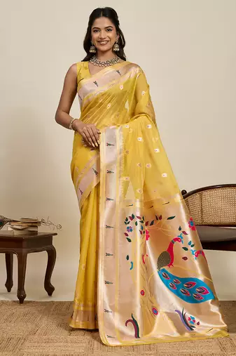 traditional  yellow soft silk blend paithani saree with unstiched blouse piece