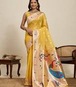 traditional  yellow soft silk blend paithani saree with unstiched blouse piece
