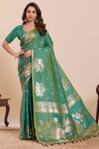 authentic light green paithani soft silk blend saree for women with unstiched blouse piece