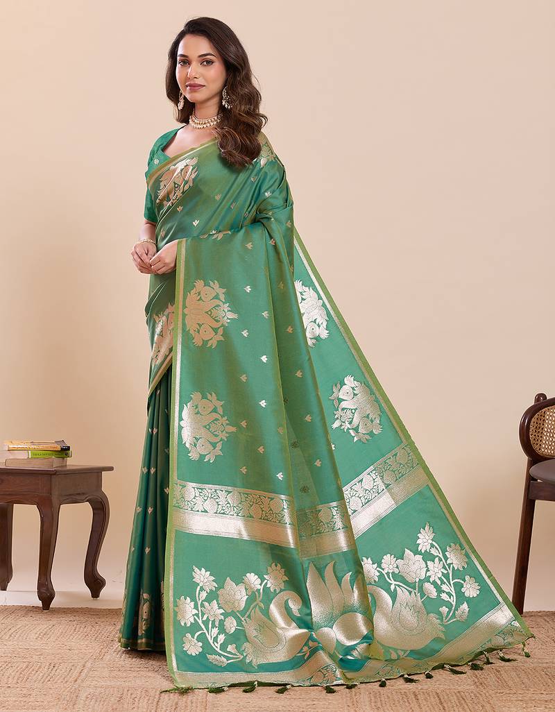 authentic light green paithani soft silk blend saree for women with unstiched blouse piece