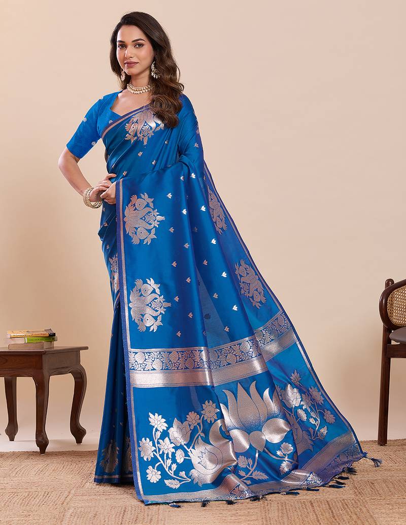 authentic  blue paithani soft silk blend saree for women with unstiched blouse piece