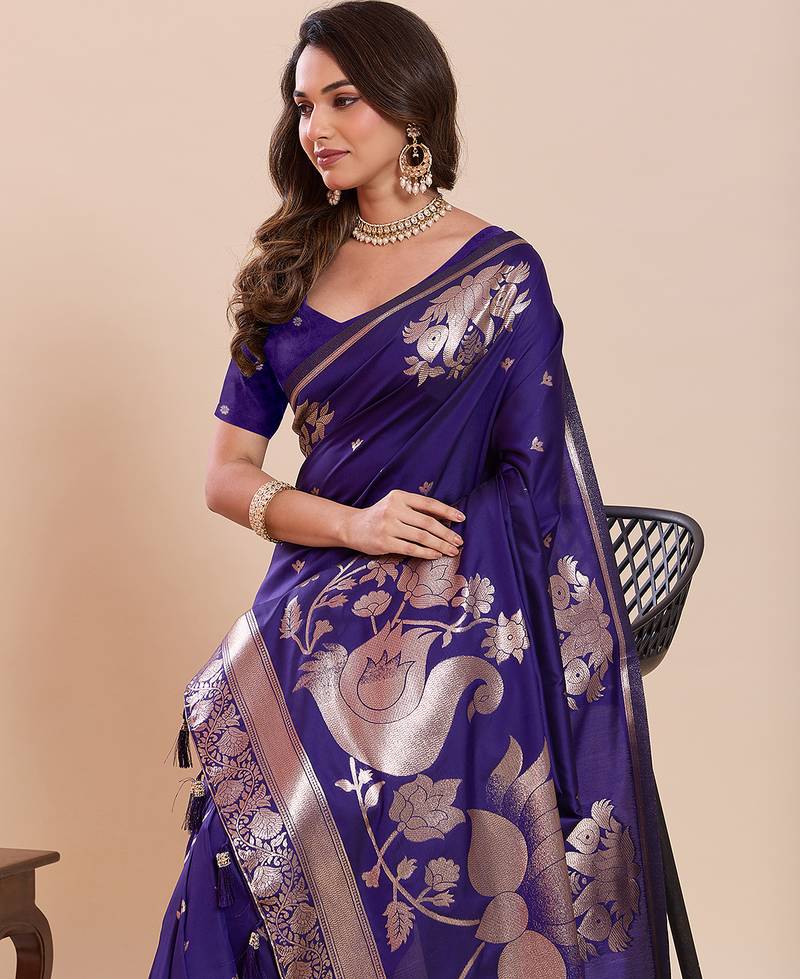 authentic purple paithani soft silk blend saree for women with unstiched blouse piece