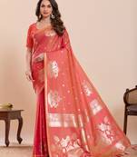 authentic light orange paithani soft silk blend saree for women with unstiched blouse piece