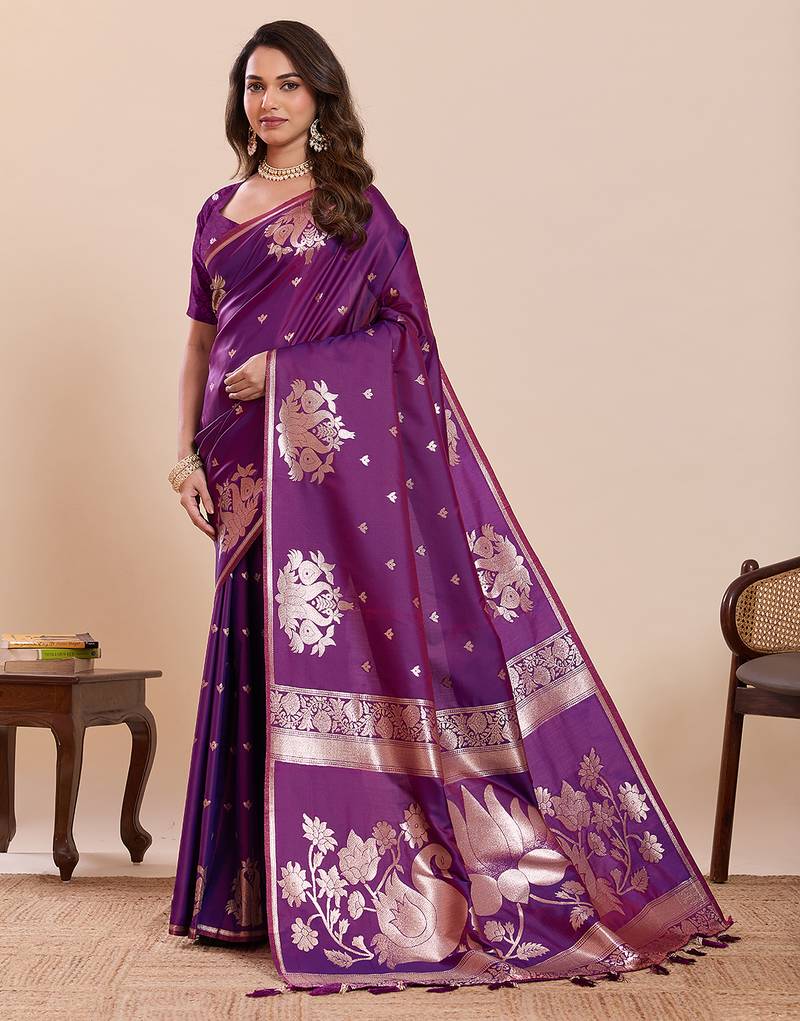authentic wine paithani soft silk blend saree for women with unstiched blouse piece