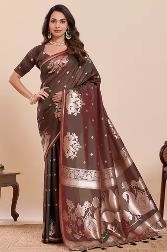 authentic dark brown paithani soft silk blend saree for women with unstiched blouse piece