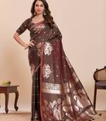 authentic dark brown paithani soft silk blend saree for women with unstiched blouse piece