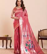 women's flower paithani light pink soft silk blend saree with zari weaving & rich floral motifs