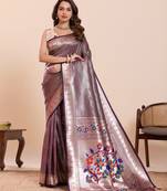 women's flower paithani wine soft silk blend saree with zari weaving & rich floral motifs
