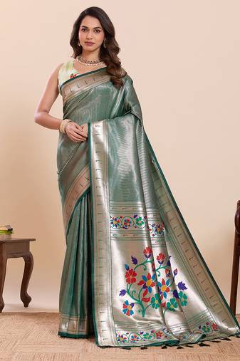 women's flower paithani  green soft silk blend saree with zari weaving & rich floral motifs