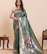 women's flower paithani  green soft silk blend saree with zari weaving & rich floral motifs
