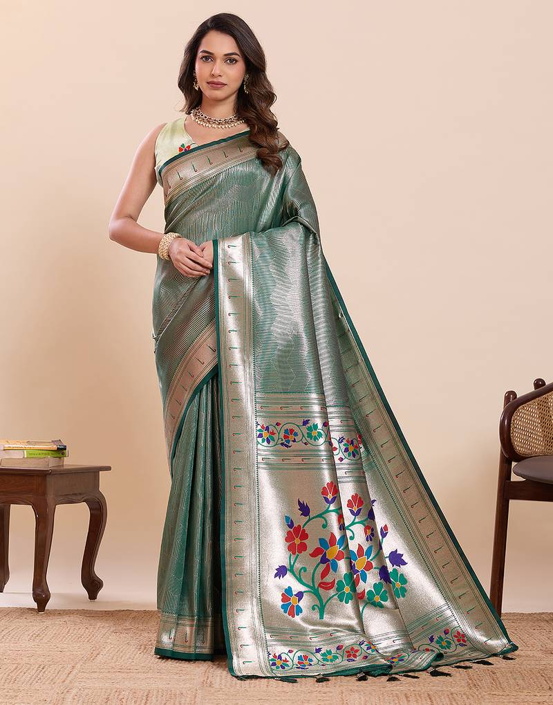 women's flower paithani  green soft silk blend saree with zari weaving & rich floral motifs