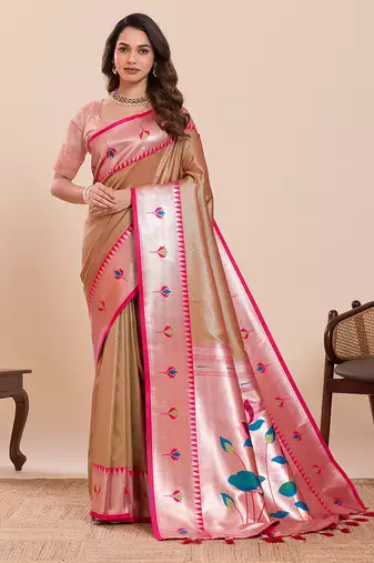 traditional pink paithani soft silk blend saree with rich  weaving & classic  motifs comes with unstiched blouse piece