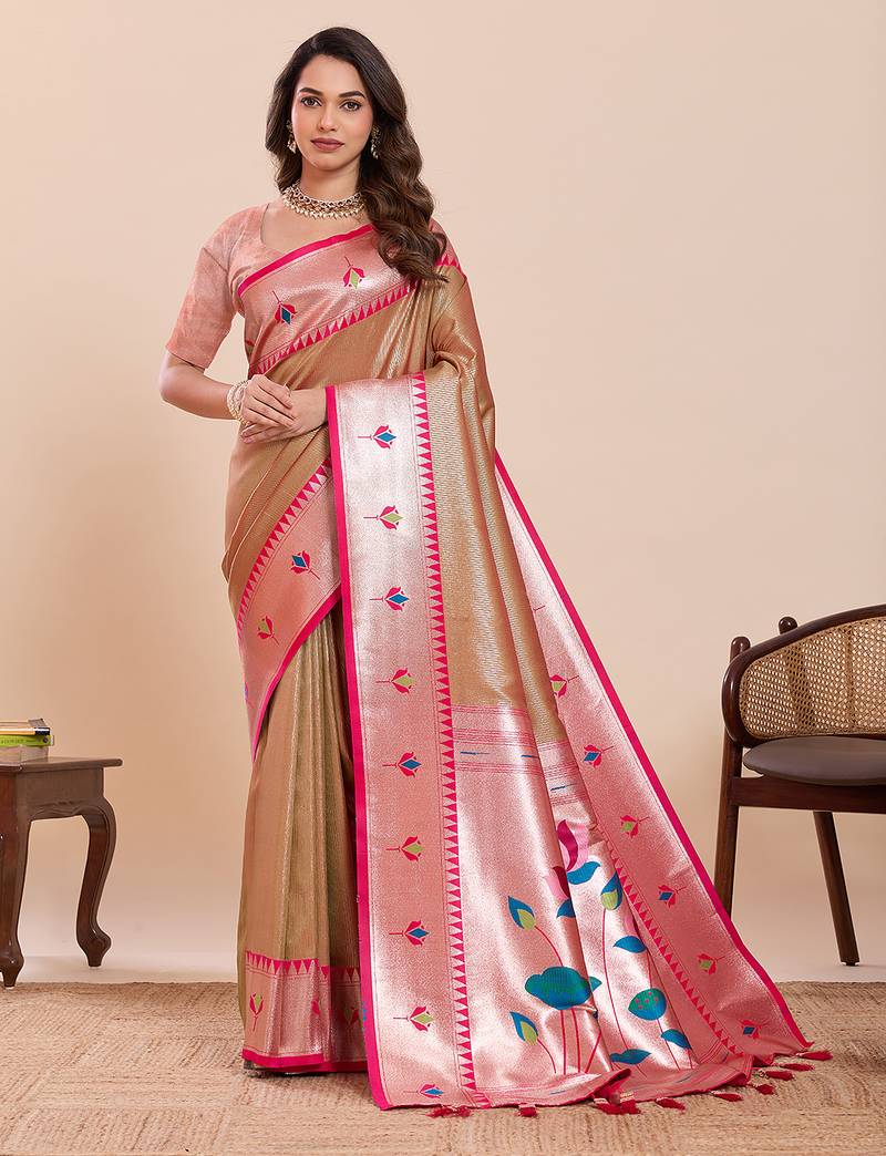 traditional pink paithani soft silk blend saree with rich  weaving & classic  motifs comes with unstiched blouse piece