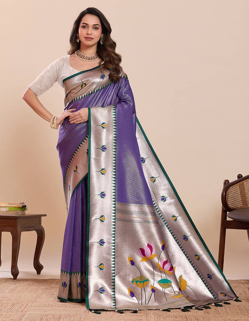 traditional purple paithani soft silk blend saree with rich  weaving & classic  motifs comes with unstiched blouse piece