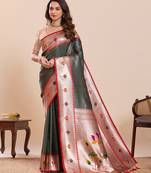 Traditional mehendi paithani soft silk saree with rich  weaving & classic  motifs comes with unstiched blouse piece