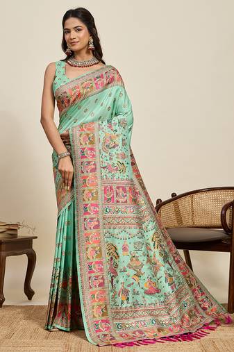 royal paithani soft silk blend saree in vibrant sea green with contrast border and unstiched blouse piece